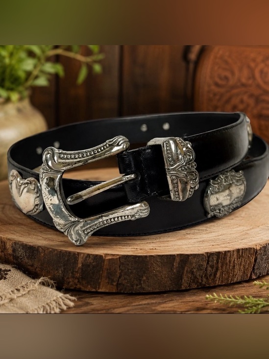 Fossil Accessories - Fossil Genuine Leather Black Belt Heart Rectangle Concho Silver Medallion BT7713
